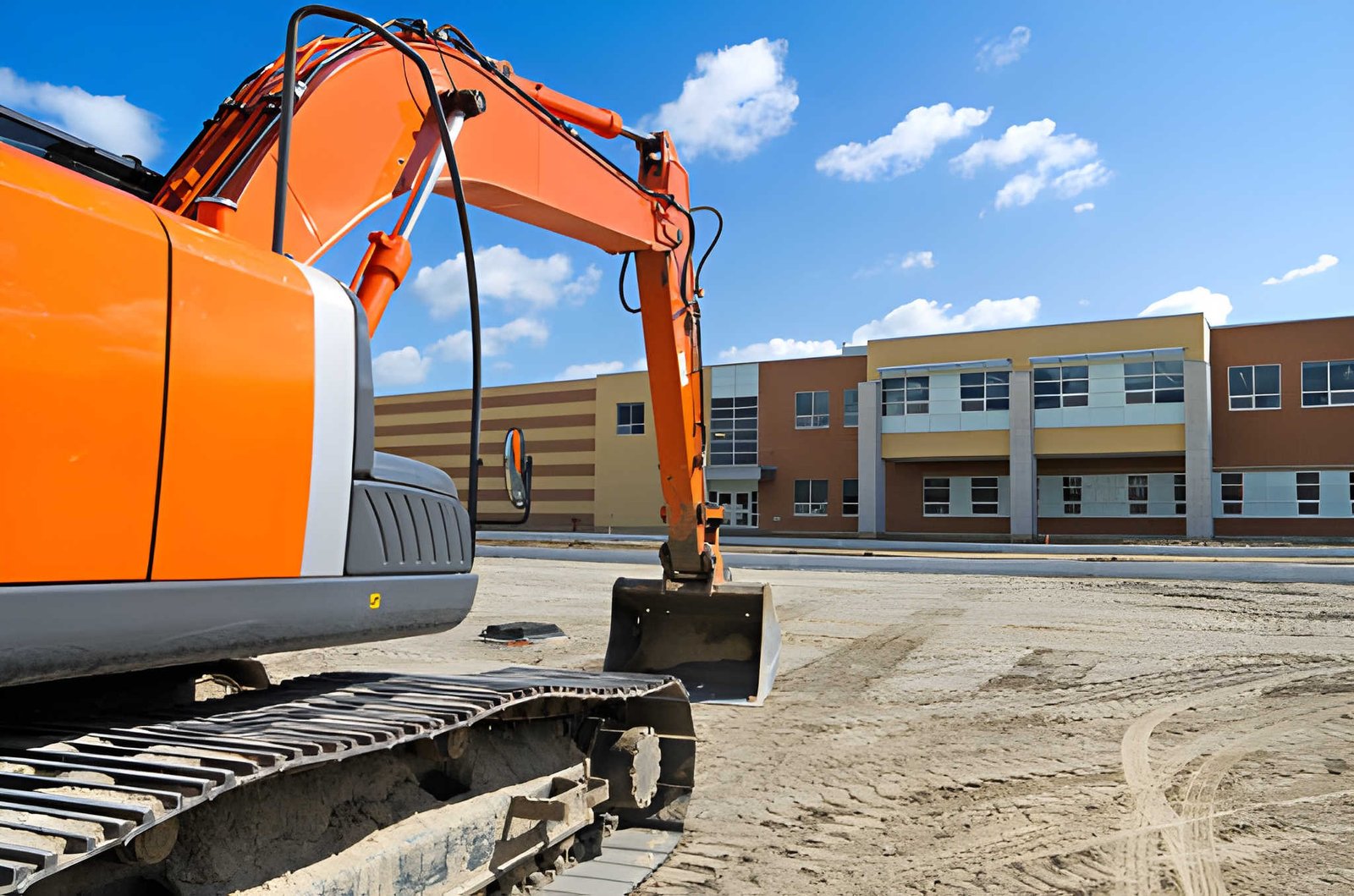 school building demolition site with excavator